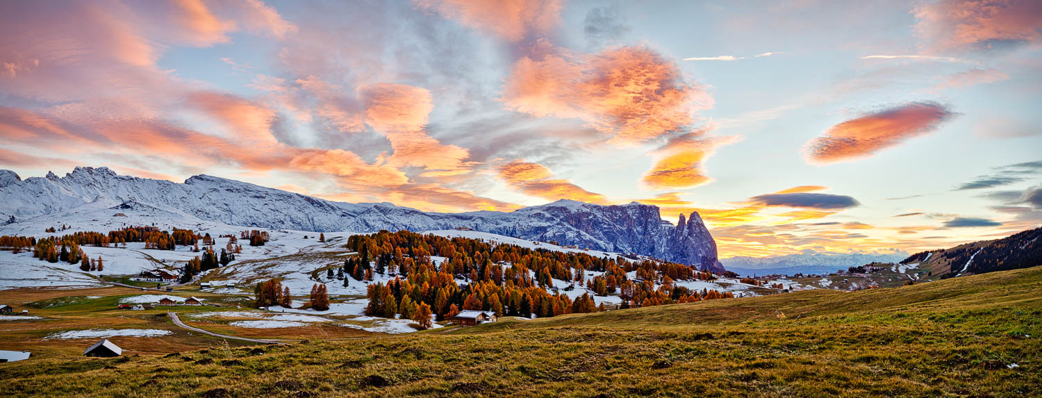 schlern, sonnenuntergang, herbst, abendrot, farben, himmel, seiser, alm, fotografie, panorama